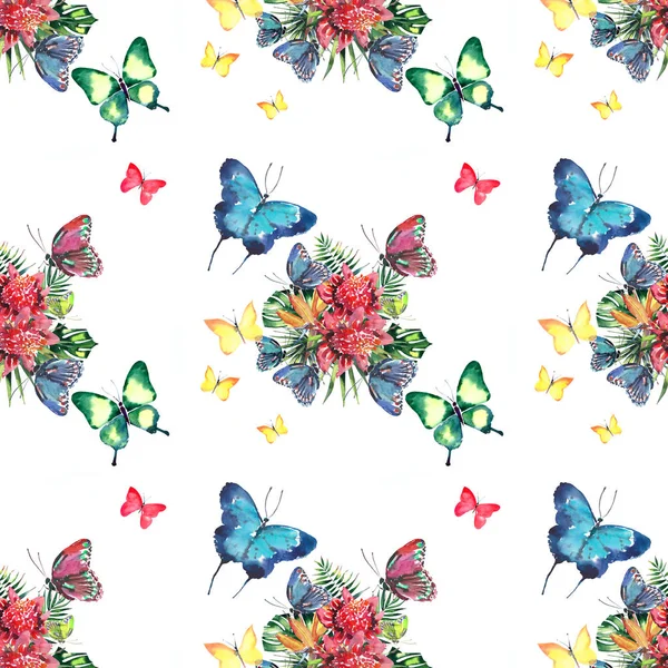 Όμορφη χαριτωμένο εξελιγμένα μαγευτική θαυμάσια τρυφερό ήπια άνοιξη πολύχρωμο τροπικό hibiscus, φύλλα φοίνικα και φωτεινά τροπικές πεταλούδες μοτίβο ακουαρέλα χέρι εικονογράφηση — Φωτογραφία Αρχείου