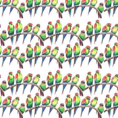 Parlak renkli sevimli güzel orman tropik sarı ve yeşil papağan bir şube desen suluboya üzerinde şekil ver. Mükemmel tebrik kartı, tekstil, duvar kağıtları için