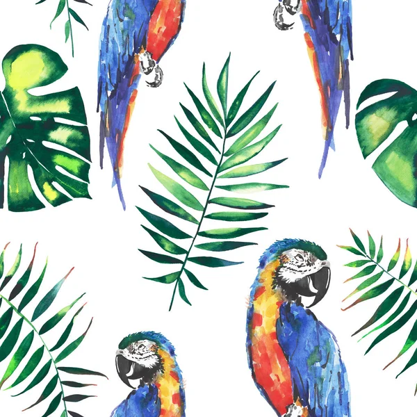 Lumineux coloré mignon belle jungle tropicale jaune et bleu gros perroquets avec motif feuilles de palmier vert aquarelle illustration à la main. Parfait pour carte de vœux, textile, fonds d'écran — Photo