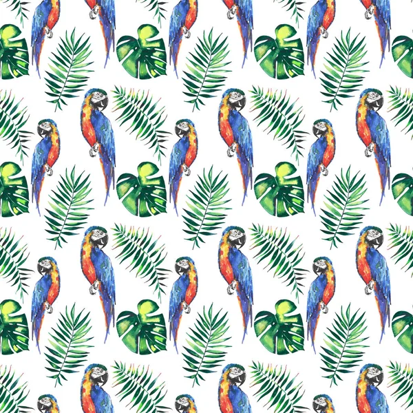 Bright colorful cute beautiful jungle tropical yellow and blue big parrots with green palm leaves pattern watercolor hand illustration. Perfect for greetings card, textile, wallpapers