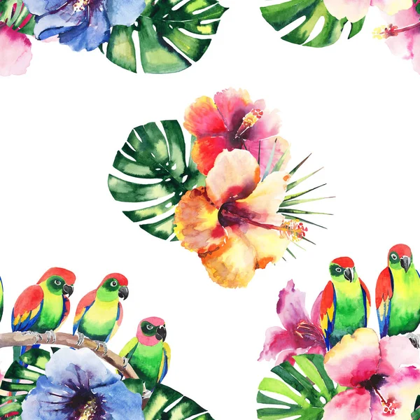 Beautiful bright lovely colorful tropical hawaii floral herbal summer pattern of tropical flowers hibiscus, palms leaves and lovely colorful tropical birds on a branch watercolor hand sketch — Stock Photo, Image