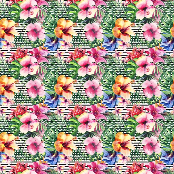 Světlé krásné propracované fantastické nabídky barevné tropické hawaii květinové bylinné letní tropické květy ibišku orchideje a zelené palmy listy na černé čáry pozadí akvarel ruky nákres — Stock fotografie