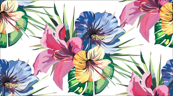 Vektör çizim güzel parlak güzel harika tropik hawaii çiçek bitkisel yaz renkli seamless modeli lily ve yeşil avuç içi ve tropikal sarı pembe mavi ebegümeci yaprakları