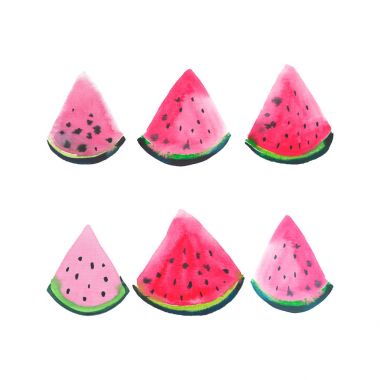 Bir çocuk suluboya el resimdeki gibi güzel harika parlak renkli lezzetli lezzetli lezzetli olgun sulu tatlı güzel kırmızı yaz taze tatlı dilim karpuz desen boya
