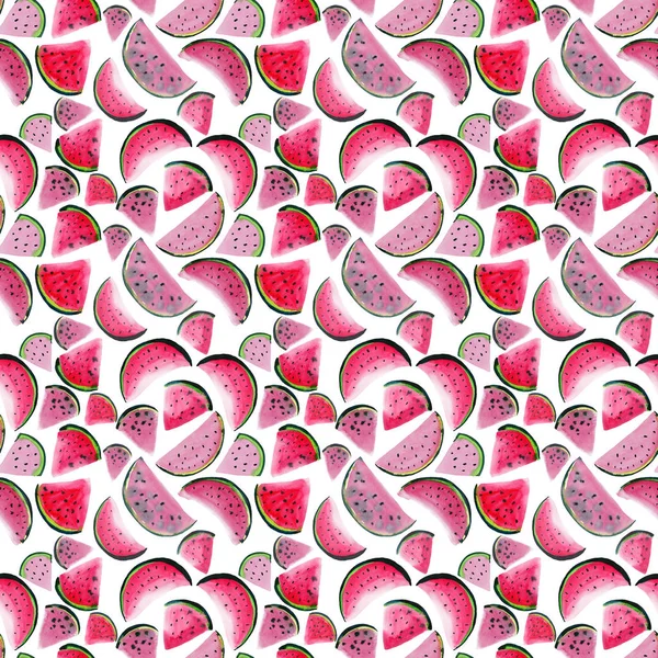 Mooie prachtige heldere kleurrijke heerlijke smakelijke lekker rijpe sappige schattige mooie rode zomer vers dessert segmenten van watermeloen patroon tekenen als een kind aquarel hand illustratie — Stockfoto