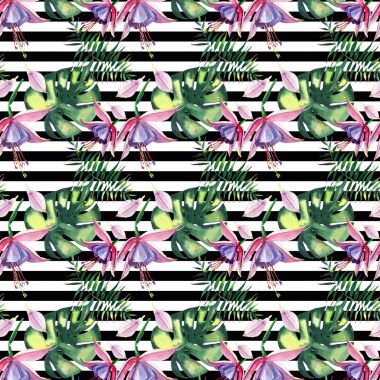 Güzel parlak güzel renkli tropikal hawaii çiçek bitkisel yaz desen tropikal mor orkide çiçekler ve avuç içi siyah yatay çizgiler arka plan suluboya el kroki üzerinde bırakır