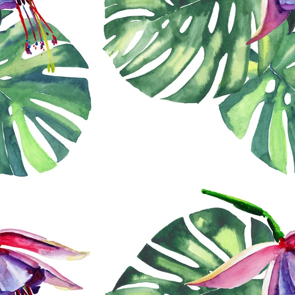 Schöne helle schöne bunte tropische Hawaii Blumen Kräuter Sommer Muster von tropischen violetten Blumen Orchideen und Palmen Blätter Aquarell Hand Illustration. ideal für Karten, Tapeten, Textilien — Stockfoto