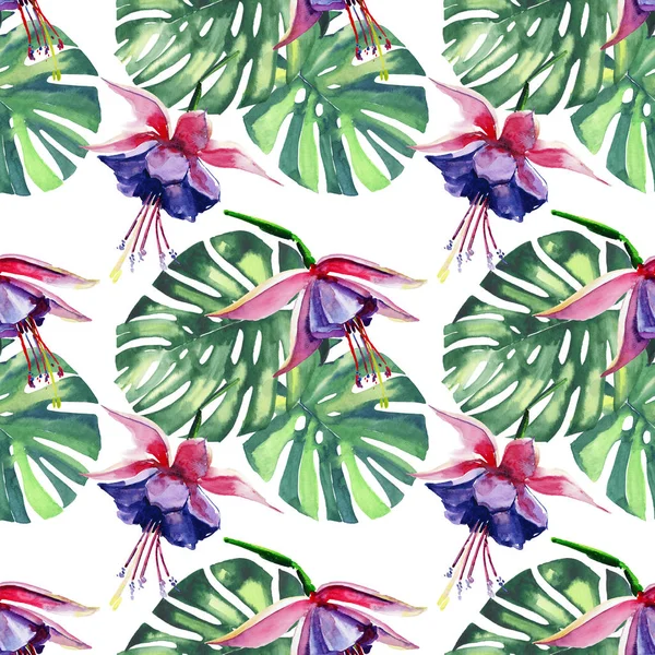 Hermoso brillante hermoso colorido tropical hawaii floral patrón de verano a base de hierbas de flores tropicales violetas orquídeas y palmeras hojas acuarela ilustración de la mano. Perfecto para tarjetas, fondos de pantalla, textiles —  Fotos de Stock