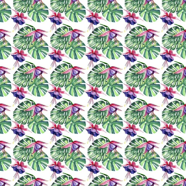 Bella brillante bella colorata tropicale hawaii floreale a base di erbe estate modello di fiori tropicali viola orchidee e palme foglie acquerello mano illustrazione. Perfetto per carte, sfondi, tessile — Foto Stock