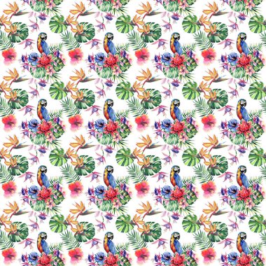 Güzel parlak güzel renkli tropikal hawaii çiçek bitkisel yaz tropik çiçekler ebegümeci ve desen orkide, palms yaprakları ve renkli tropikal sarı mavi papağan suluboya el kroki