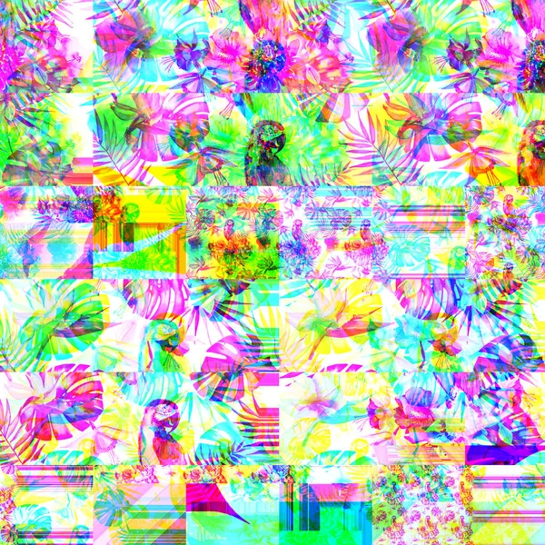 Psychedelic abstrak terang berwarna-warni tropis hawaii pola musim panas herbal bunga tropis kembang kembang sepatu dan anggrek, daun palem dan berwarna kuning tropis berwarna kuning gambar cat air burung beo biru — Stok Foto