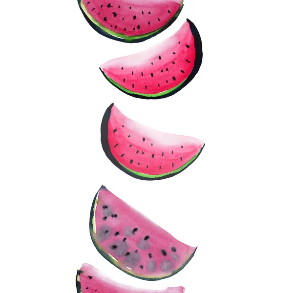 Beautiful wonderful bright colorful delicious tasty yummy ripe juicy cute lovely red summer fresh dessert slices of watermelon pattern paint like a child watercolor hand illustration — Stock Photo, Image