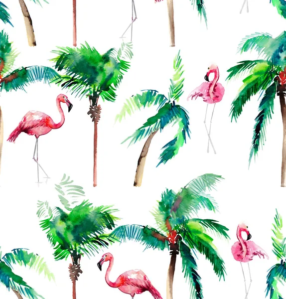 Belo padrão de verão floral hawaii verde brilhante de um verde tropical palmeiras e tenro flamingo rosa aquarela esboço da mão. Perfeito para cartões de felicitações, têxteis, papéis de parede, papel de embrulho — Fotografia de Stock