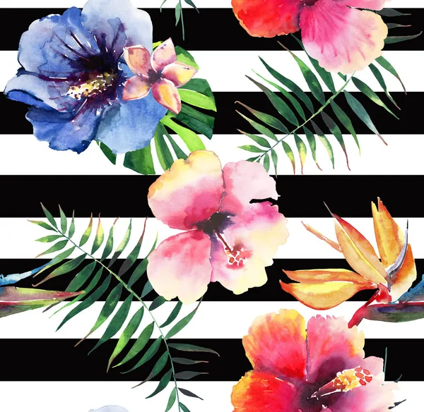 Mooie leuke mooie prachtige grafische heldere tropische hawaii floral kruiden zomer tropische bloemen hibiscus orchideeën en palmen bladeren patroon op donkere lijnen achtergrond aquarel hand illustratie — Stockfoto