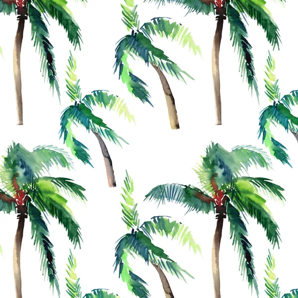 Beautiful bright cute green tropical lovely wonderful hawaii floral herbal summer pattern of a palm trees watercolor hand sketch. Perfect for greetings card, textile, wallpapers, wrapping paper