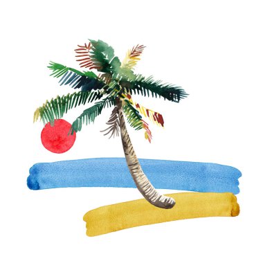 Güzel parlak sevimli yeşil tropikal güzel harika hawaii çiçek bitkisel yaz desen bir plaj gün batımı, palmiye ağacı, deniz, kırmızı güneş ve plaj suluboya el kroki