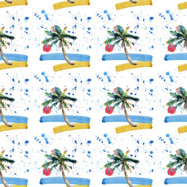 Güzel parlak sevimli yeşil tropikal güzel harika hawaii çiçek bitkisel yaz desen bir plaj gün batımı, palmiye ağacı, deniz, kırmızı güneş ve plaj suluboya el kroki