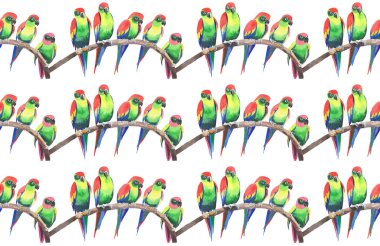 Parlak renkli sevimli güzel orman tropik sarı ve yeşil papağan bir şube desen suluboya üzerinde şekil ver. Mükemmel tebrik kartı, tekstil, duvar kağıtları için