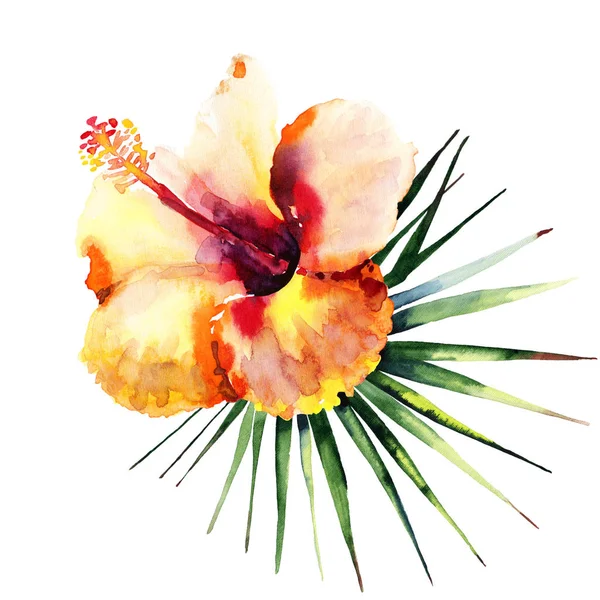 Parlak güzel ihale sofistike güzel tropikal hawaii çiçek yaz sarı ebegümeci ve yeşil palmiye yaprakları suluboya el çizimi. Tekstil, duvar kağıtları, tebrik kartı için mükemmel