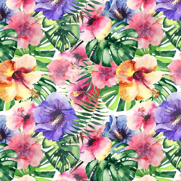 美丽明亮可爱炫彩热带夏威夷花卉草药夏季花纹的热带花木槿和棕榈树的叶子水彩手绘 — 图库照片