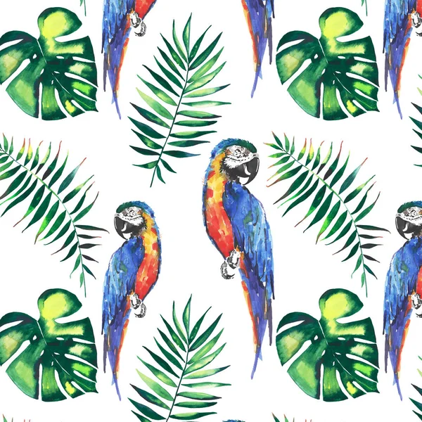 Luminoso colorido lindo hermosa selva tropical amarillo y azul grandes loros con hojas de palma verde patrón acuarela mano ilustración. Perfecto para tarjetas de felicitación, textiles, fondos de pantalla — Foto de Stock