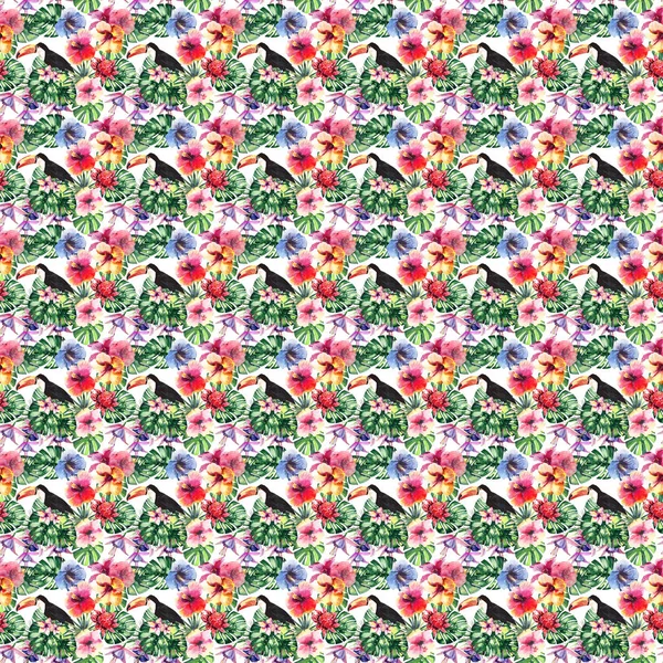 Mooie heldere mooie kleurrijke tropische hawaii floral kruiden zomer patroon van tropische bloemen hibiscus en orchideeën, palmen bladeren en tropische toekans aquarel hand schets — Stockfoto
