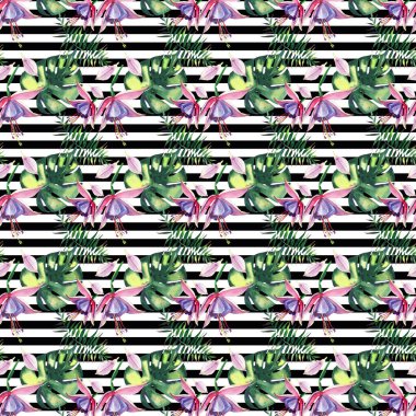 Güzel parlak güzel renkli tropikal hawaii çiçek bitkisel yaz desen tropikal mor orkide çiçekler ve avuç içi siyah yatay çizgiler arka plan suluboya el kroki üzerinde bırakır