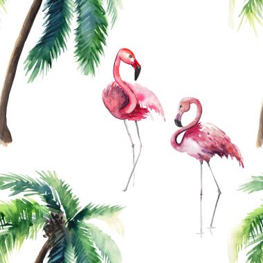 Tropik yeşilin bir güzel parlak yeşil hawaii çiçek yaz desen palmiyeler ve pembe flamingo suluboya el kroki ihale. Tebrik kartı için mükemmel, tekstil, duvar kağıtları, kağıt ambalaj