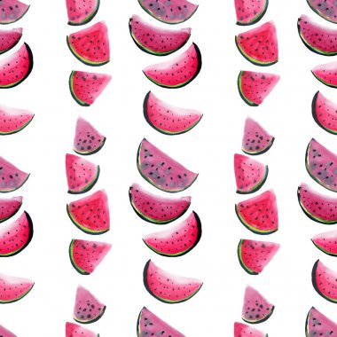 Bir çocuk suluboya el resimdeki gibi güzel harika parlak renkli lezzetli lezzetli lezzetli olgun sulu tatlı güzel kırmızı yaz taze tatlı dilim karpuz desen boya