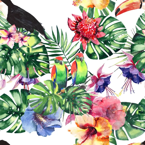 Vackra ljusa härliga färgglada tropiska hawaii blommig växtbaserade sommaren mönster av tropiska blommor hibiscus, palms blad, härliga färgglada tropiska fåglar och tukaner på en gren akvarell hand skiss — Stockfoto