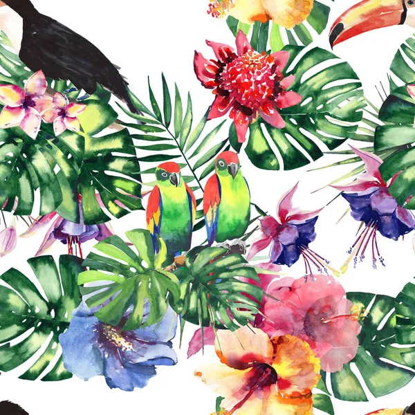 Mooie heldere mooie kleurrijke tropische hawaii floral kruiden zomer patroon van tropische bloemen hibiscus, palmen bladeren, mooie, kleurrijke, tropische vogels en toekans op een tak aquarel hand schets — Stockfoto