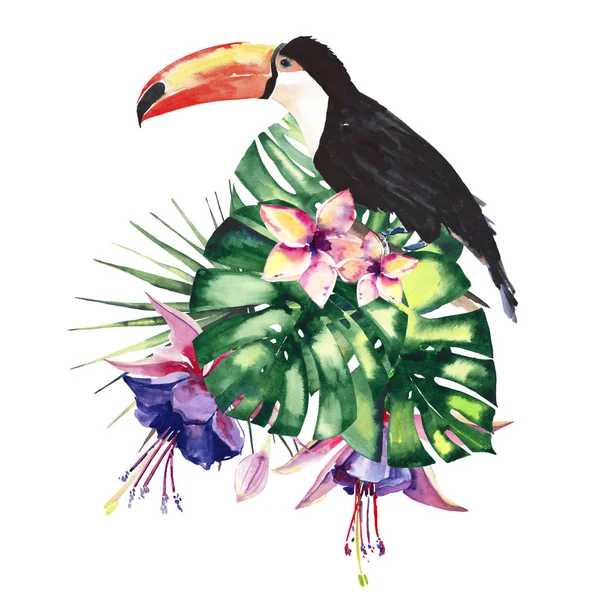 Прекрасні яскраві барвисті тропічні Гаваї квіткові трав'яні літні композиції фіолетових тропічних квітів, листя долонь, прекрасні тропічні птахи тукан акварельні ручні ілюстрації — стокове фото