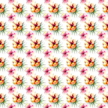 Parlak güzel ihale sofistike tropikal hawaii çiçek yaz bir sarı ebegümeci ve desen yeşil palmiye suluboya el illüstrasyon bırakır. Tekstil, duvar kağıtları, tebrik kartı için mükemmel