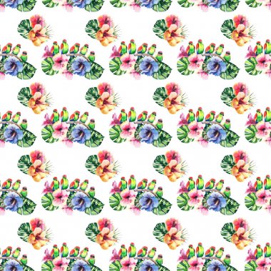 Güzel parlak güzel renkli tropikal hawaii çiçek bitkisel yaz desen tropik çiçekler ebegümeci, palms yaprak ve dal suluboya el kroki üzerinde güzel renkli tropikal kuşlar