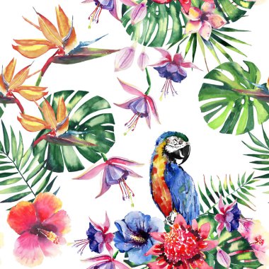 Güzel parlak güzel renkli tropikal hawaii çiçek bitkisel yaz tropik çiçekler ebegümeci ve desen orkide, palms yaprakları ve renkli tropikal sarı mavi papağan suluboya el kroki