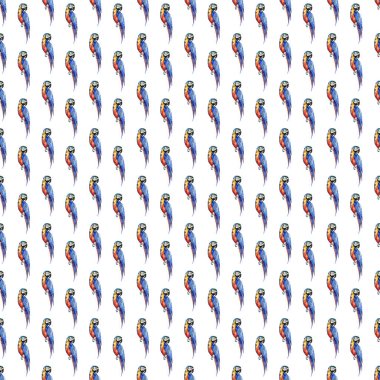 Köşegen desen suluboya el illüstrasyon parlak renkli sevimli güzel orman tropik sarı ve mavi büyük tropik papağan. Mükemmel tebrik kartı, tekstil, duvar kağıtları için