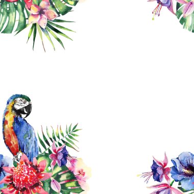 Güzel parlak güzel renkli tropikal hawaii çiçek bitkisel yaz tropik çiçekler ebegümeci ve desen orkide, palms yaprakları ve renkli tropikal sarı mavi papağan suluboya el kroki