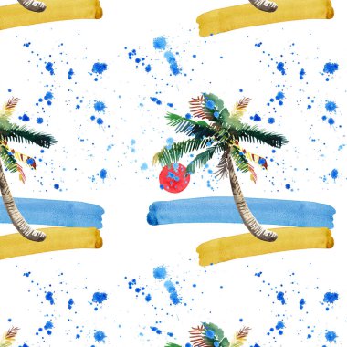 Güzel parlak sevimli yeşil tropikal güzel harika hawaii çiçek bitkisel yaz desen bir plaj gün batımı, palmiye ağacı, deniz, kırmızı güneş ve plaj suluboya el kroki