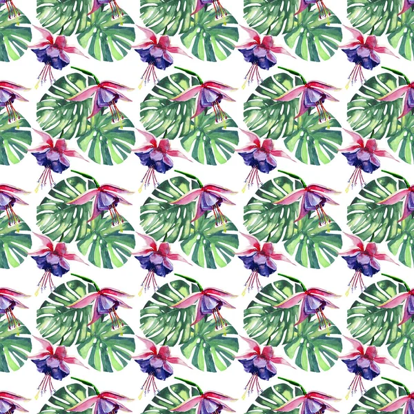 Прекрасний яскравий прекрасний барвистий тропічний гавайський квітковий літній візерунок тропічних фіолетових квітів орхідей і долонь листя акварелі ручної ілюстрації. Ідеально підходить для карт, шпалер, текстилю — стокове фото
