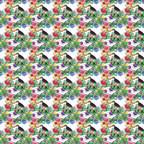Όμορφο φωτεινό υπέροχο πολύχρωμο τροπικό Χαβάη φλοράλ καλοκαίρι φυτικό μοτίβο της τροπικά λουλούδια ιβίσκου, παλάμες φύλλα, όμορφη πολύχρωμα τροπικά πουλιά και toucans ένα υποκατάστημα ακουαρέλα χέρι σκίτσο — Φωτογραφία Αρχείου