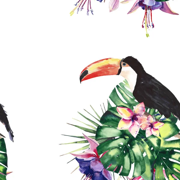 Vackra ljusa härliga färgglada tropiska hawaii blommig växtbaserade sommaren mönster av violett tropiska blommor, palmer lämnar, härlig tropisk fågel toucan akvarell hand illustration — Stockfoto