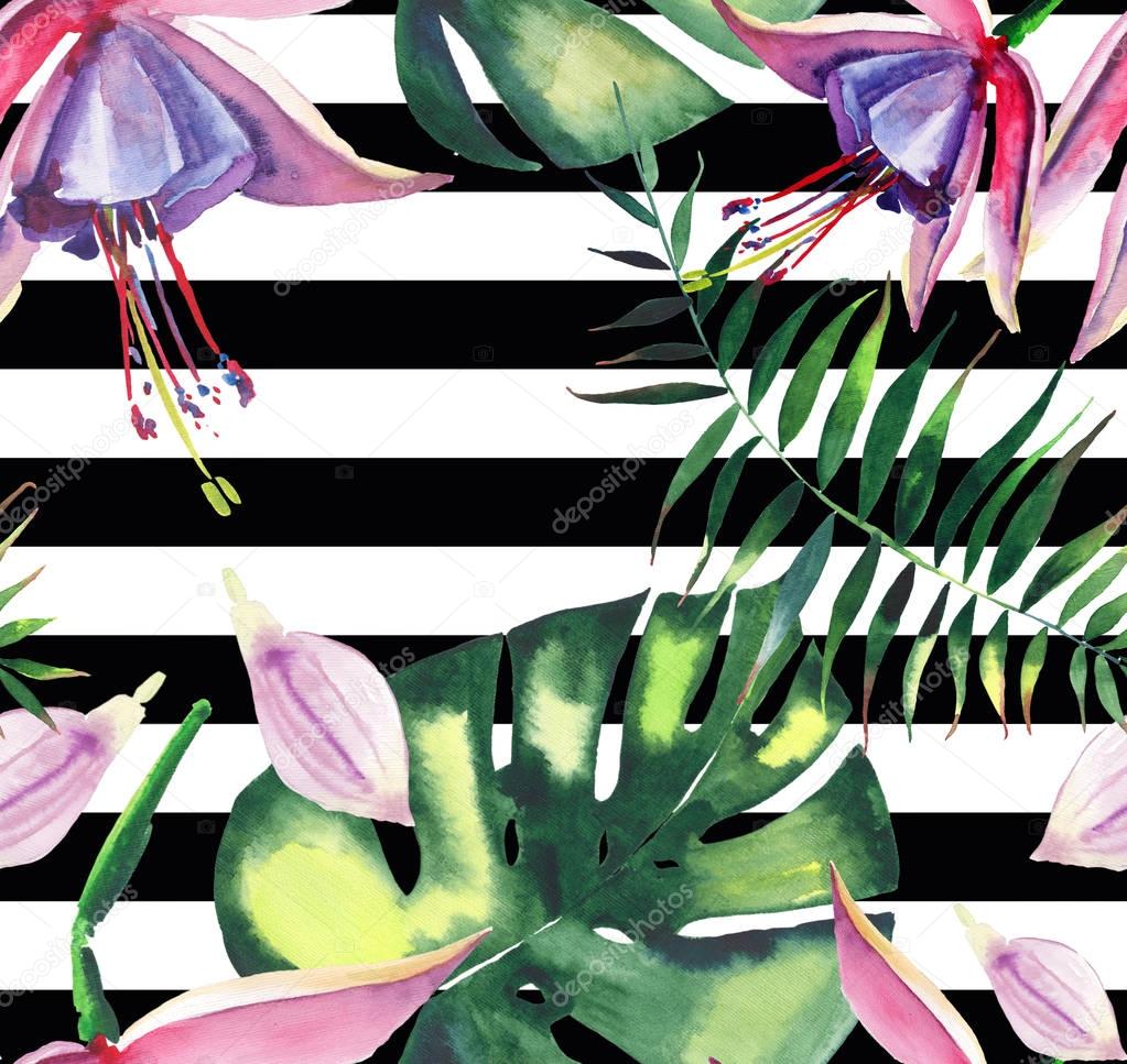 Beautiful bright lovely colorful tropical hawaii floral herbal summer pattern of tropical violet flowers orchids and palms leaves on black horizontal lines background watercolor hand sketch