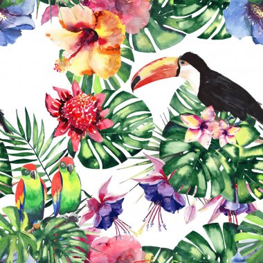 Güzel parlak güzel renkli tropikal hawaii çiçek bitkisel yaz desen tropik çiçekler ebegümeci, palms yaprakları, güzel renkli tropikal kuşlar ve tukanlar şube suluboya el kroki üzerinde