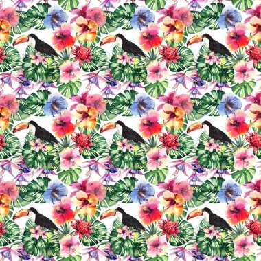 Güzel parlak güzel renkli tropikal hawaii çiçek bitkisel yaz desen tropik çiçekler ebegümeci, palms yaprakları, güzel renkli tropikal kuşlar ve tukanlar şube suluboya el kroki üzerinde