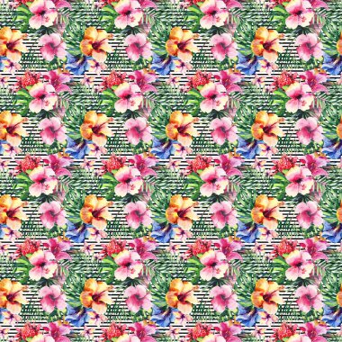 Parlak güzel harika ihale renkli tropikal hawaii bitkisel yaz tropikal hibiscus orkide çiçekler ve yeşil avuç içi siyah çizgiler arka plan suluboya el kroki üzerinde yaprakları çiçek sofistike