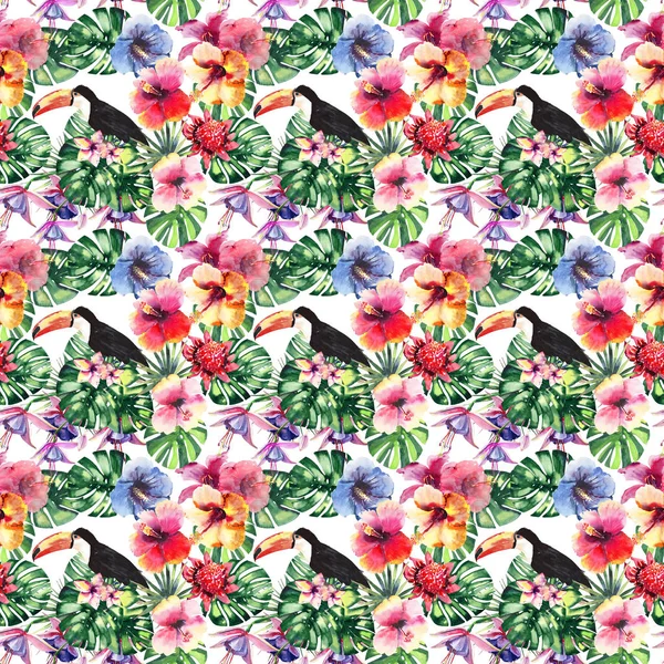 Güzel parlak güzel renkli tropikal hawaii çiçek bitkisel yaz desen tropik çiçekler ebegümeci, palms yaprakları, güzel renkli tropikal kuşlar ve tukanlar şube suluboya el kroki üzerinde