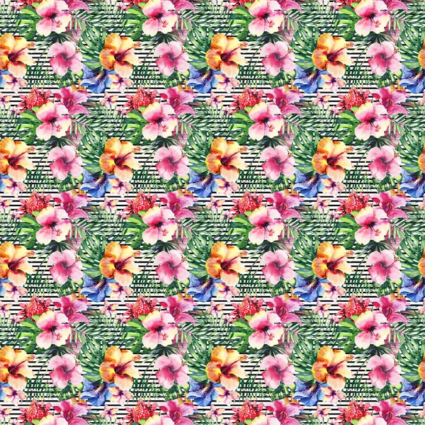 Heldere mooie verfijnde prachtige tedere kleurrijke tropische hawaii floral kruiden zomer tropische bloemen hibiscus orchideeën en groene palmen verlaat op zwarte lijnen achtergrond aquarel hand schets — Stockfoto