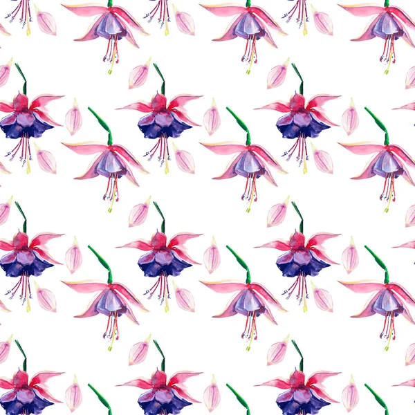 Όμορφο φωτεινό υπέροχο Εξαιρετικό πράσινο τροπική Χαβάη floral φυτικά καλοκαίρι πολύχρωμο μοτίβο τροπικό βιολετί λουλούδια ορχιδέας ακουαρέλα χέρι εικονογράφηση. Ιδανικό για ευχετήρια κάρτα, Σχεδιασμός υφασμάτων — Φωτογραφία Αρχείου