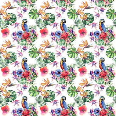 Güzel parlak güzel renkli tropikal hawaii çiçek bitkisel yaz tropik çiçekler ebegümeci ve desen orkide, palms yaprakları ve renkli tropikal sarı mavi papağan suluboya el kroki