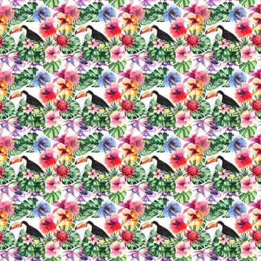 Güzel parlak güzel renkli tropikal hawaii çiçek bitkisel yaz desen tropik çiçekler ebegümeci, palms yaprakları, güzel renkli tropikal kuşlar ve tukanlar şube suluboya el kroki üzerinde